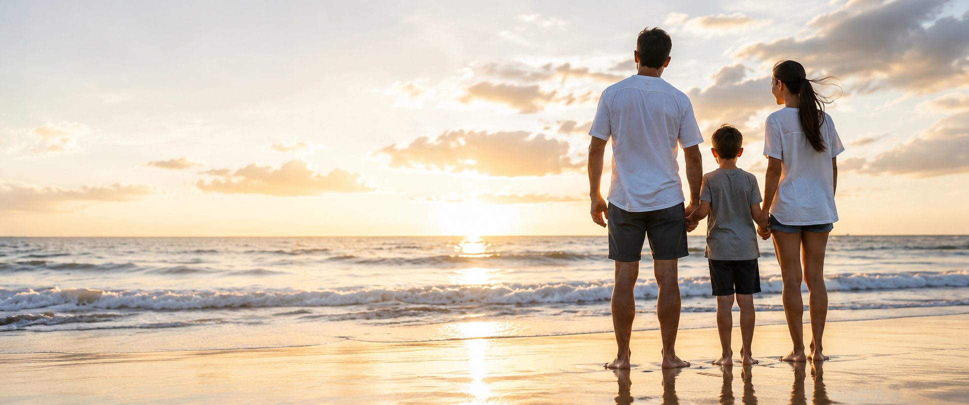 Família de mãos dadas observando o pôr do sol na praia
